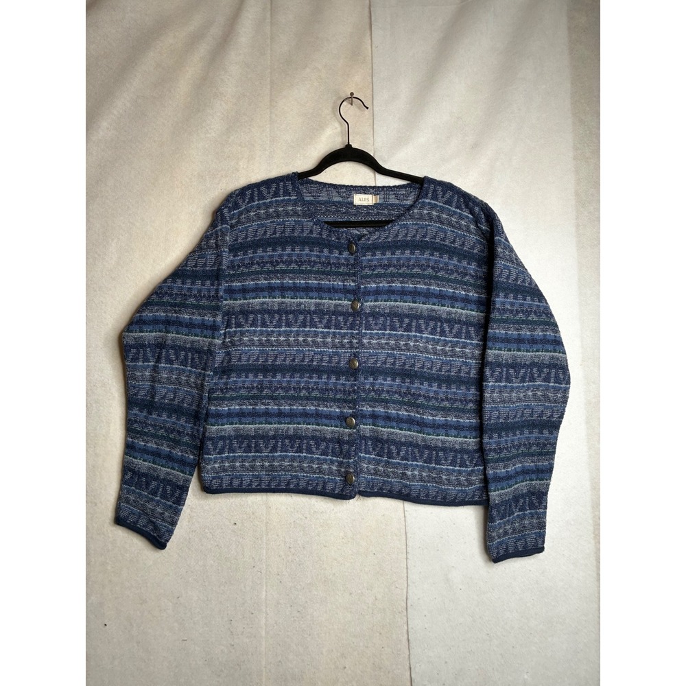 Alps Vintage‎ Blue Geometric Knit Button Front Cardigan Sweater Womens Large